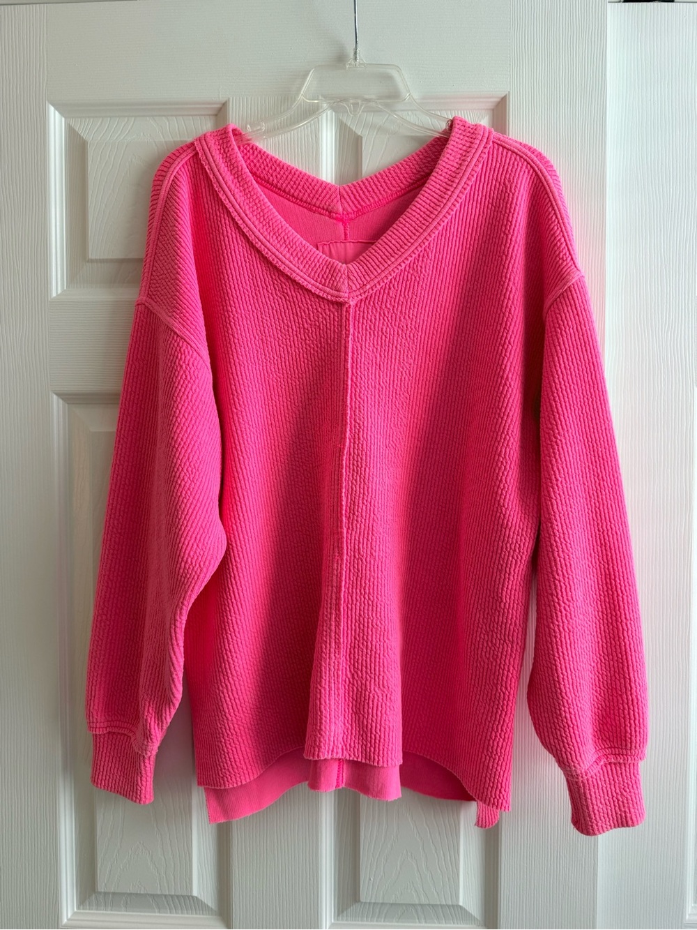 aerie Oversized Bright Pink V-Neck Ribbed Sweater